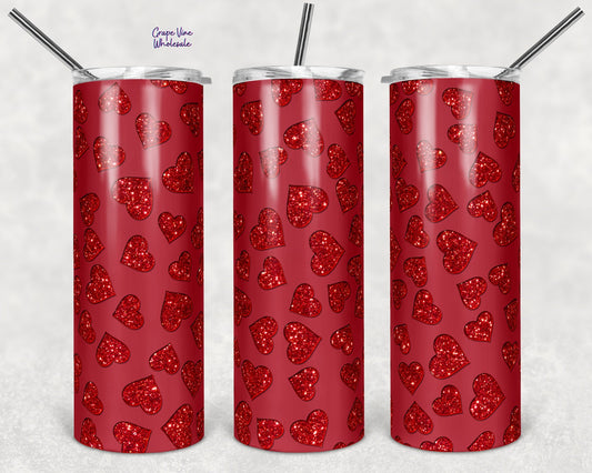 Red Glitter Burst Hearts On Matte Red 20oz Skinny Tumbler Grape Vine Wholesale