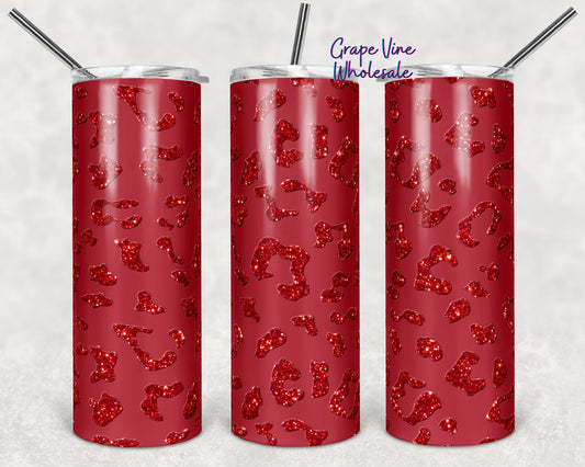 Red Glitter Burst Leopard On Red Matte 20oz Skinny Tumbler Grape Vine Wholesale