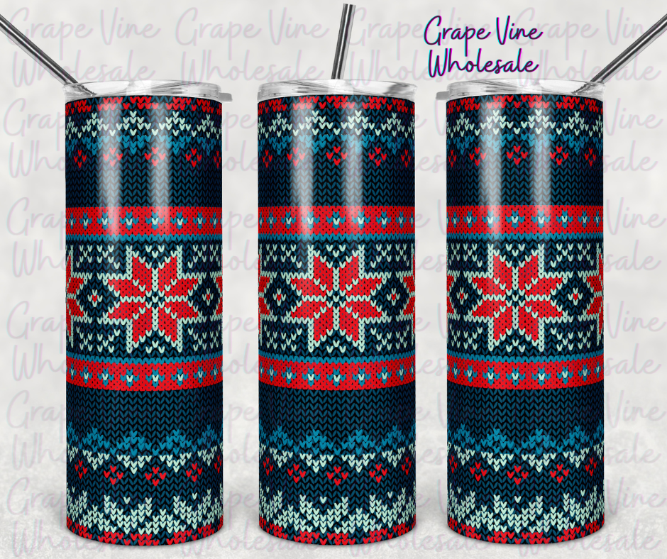 Red & Teal Knitted Snowflake Christmas Sweater 20oz Skinny Tumbler Grape Vine Wholesale