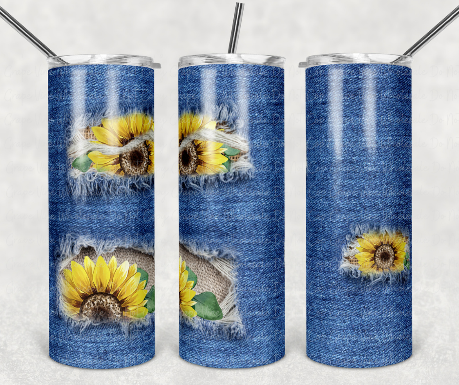 Ripped Denim With Peek A Boo Sunflowers 20oz Skinny Tumbler Grape Vine Wholesale