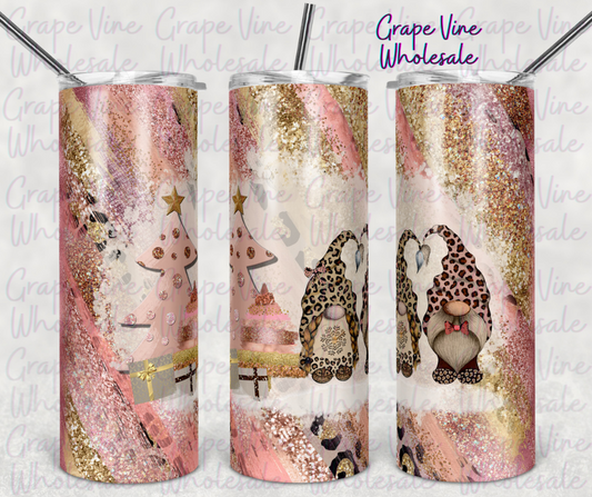 Rose Gold & Leopard Print Stroked Gnome Christmas Milky Way 20oz Skinny Tumbler Grape Vine Wholesale