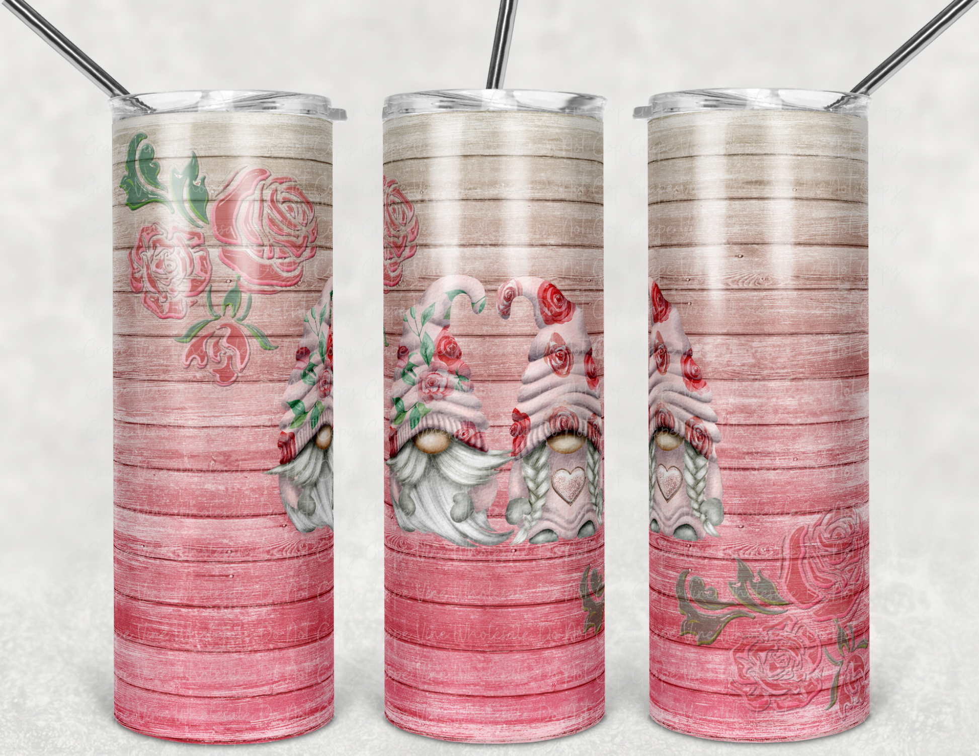 Shabby Chic Gnomes on Pink Woodgrain 20oz Skinny Tumbler Grape Vine Wholesale