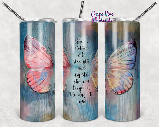 She Is Clothed With Strength, Prov. 31:25 20oz Skinny Tumbler Grape Vine Wholesale