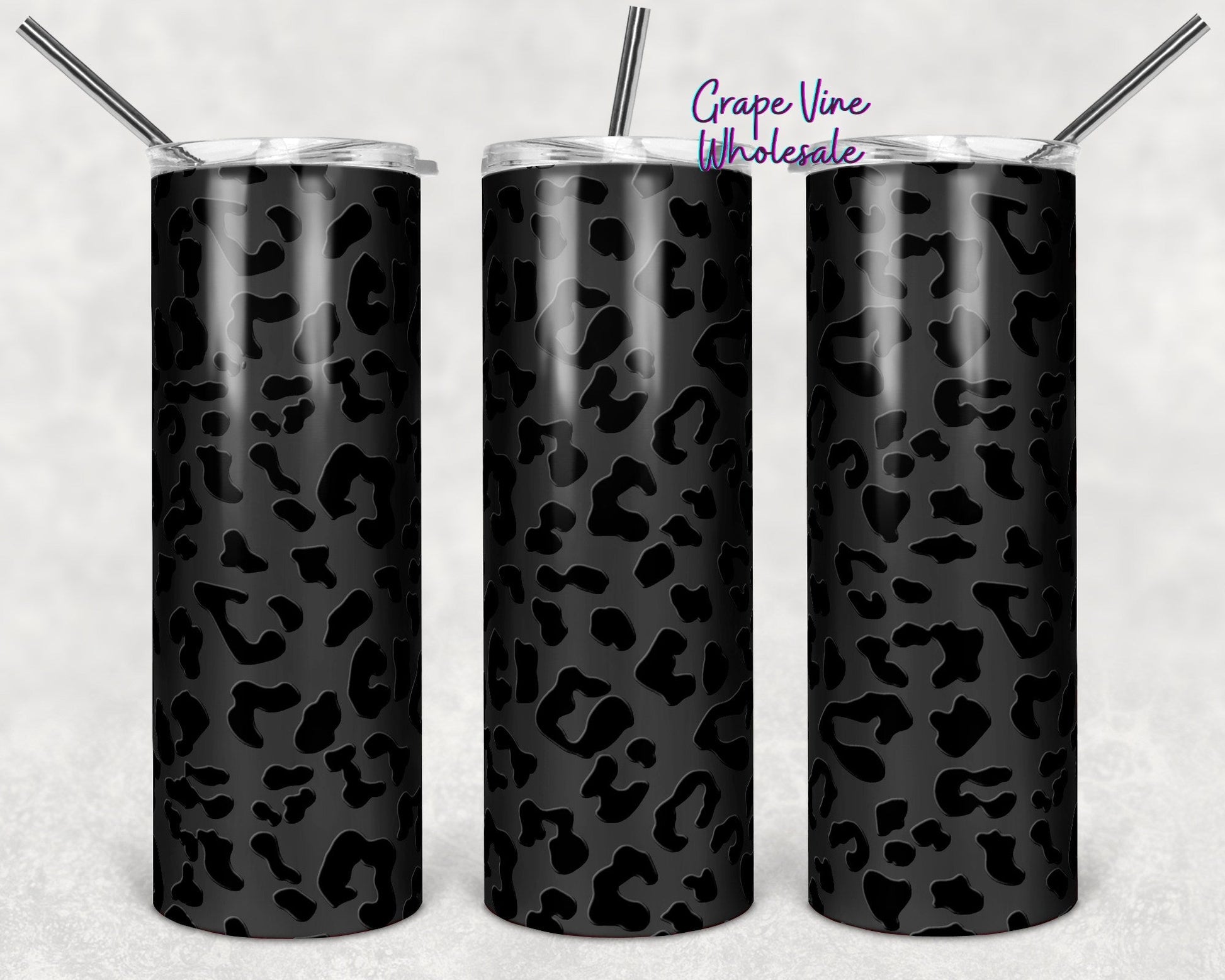 Shiny Leopard on Black Matte 20oz Skinny Tumbler Grape Vine Wholesale