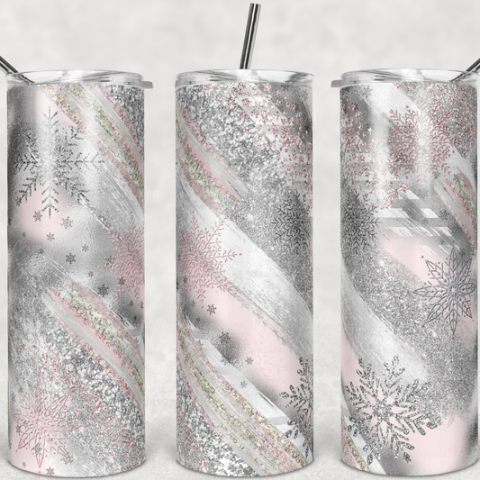 Silver and Pink Snowflake Milky Way  20oz Skinny Tumbler Grape Vine Wholesale