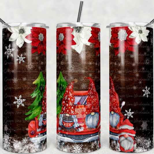 Snowy Poinsettas with Gnomes on a Red truck  20oz Skinny Tumbler Grape Vine Wholesale