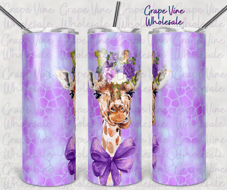 Spunky Giraffe W/ Purple Floral Halo 20oz Skinny Tumbler Grape Vine Wholesale