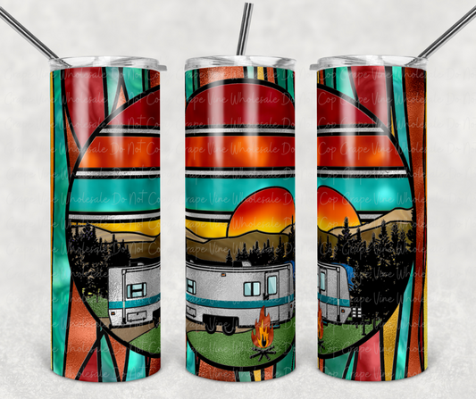 Stained Glass Camping with Camper 20oz Skinny Tumbler Grape Vine Wholesale