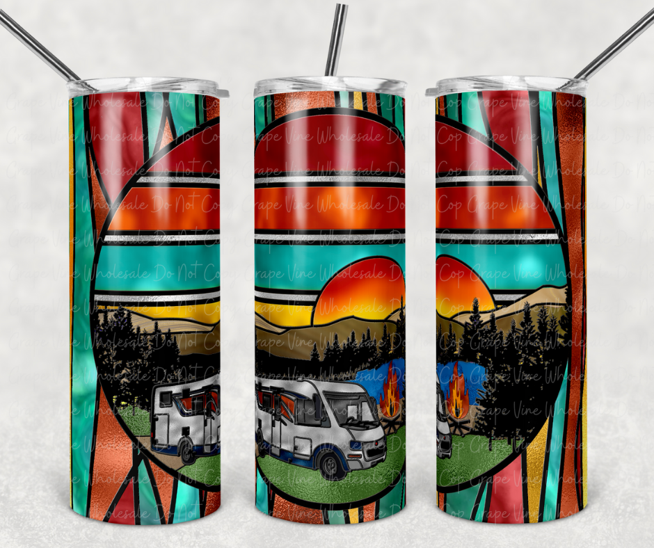 Stained Glass Camping with RV 20oz Skinny Tumbler Grape Vine Wholesale