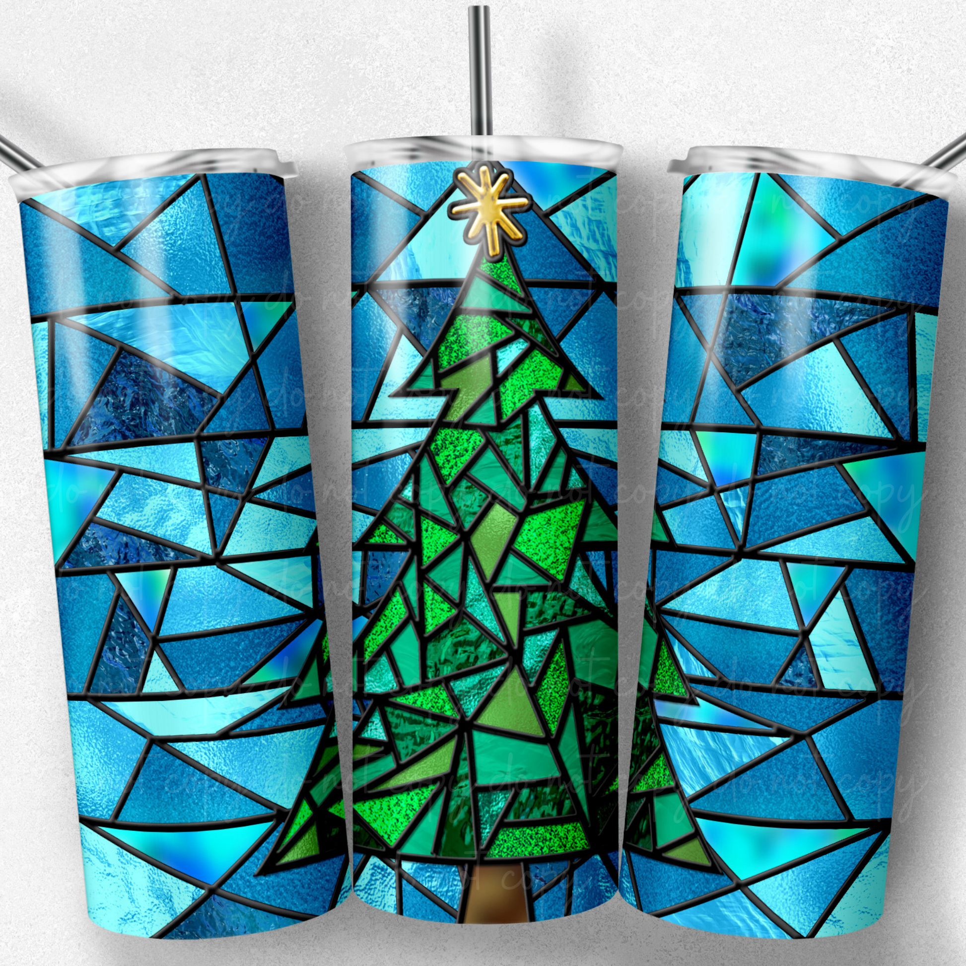 Stained Glass Christmas Tree -Light Blue-  20oz Skinny Tumbler Grape Vine Wholesale