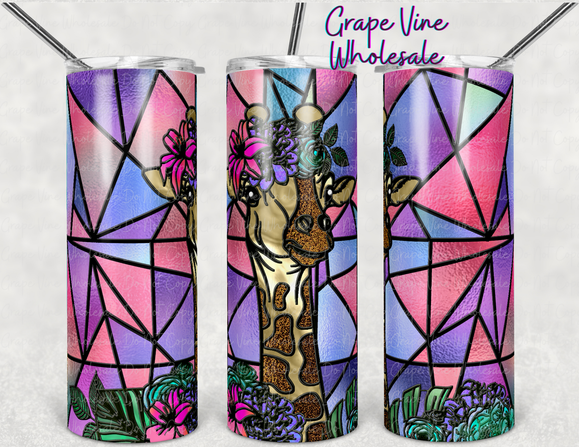 Stained Glass Giraffe with Floral Crown 20oz Skinny Tumbler Grape Vine Wholesale