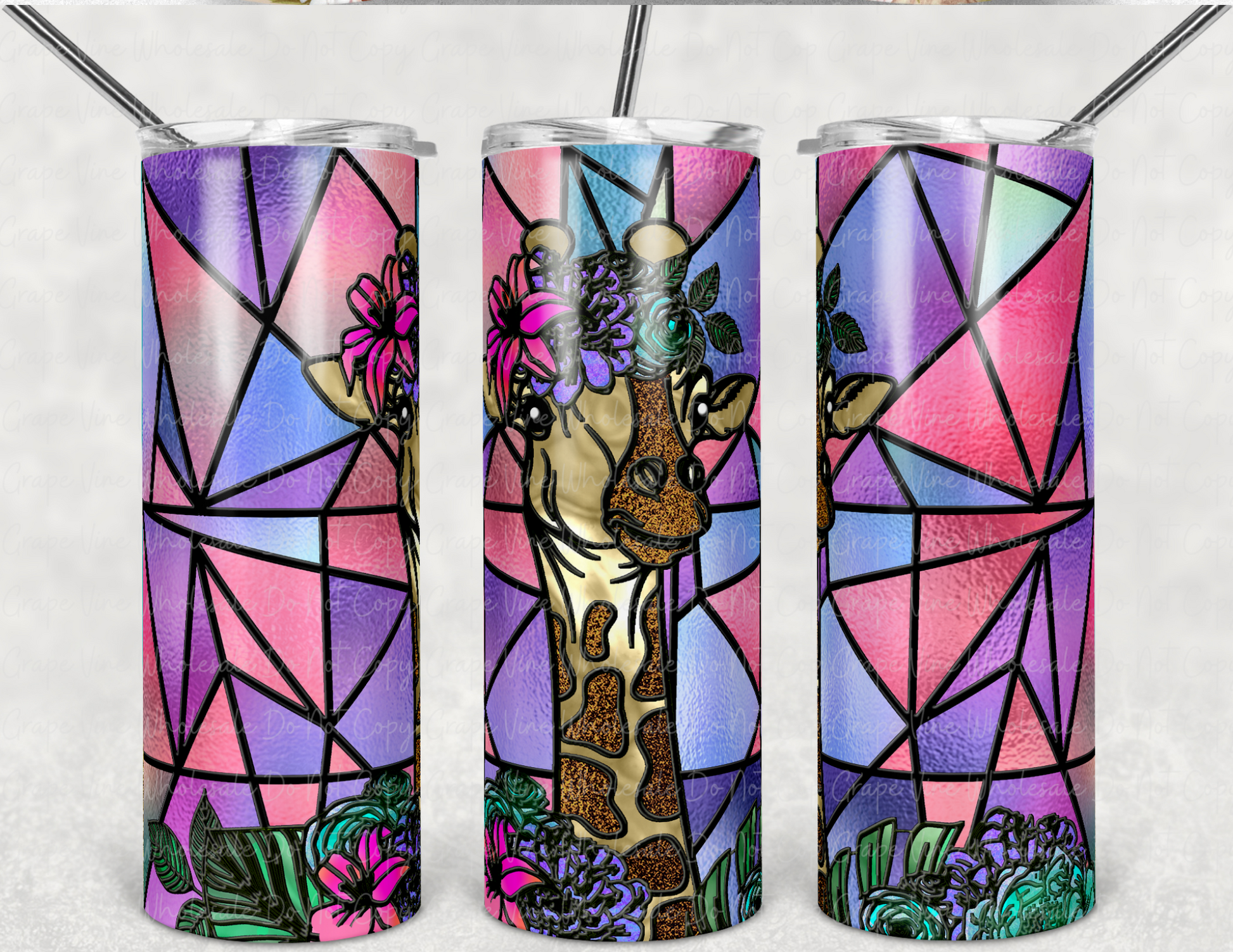 Stained Glass Giraffe with Floral Crown 20oz Skinny Tumbler Grape Vine Wholesale