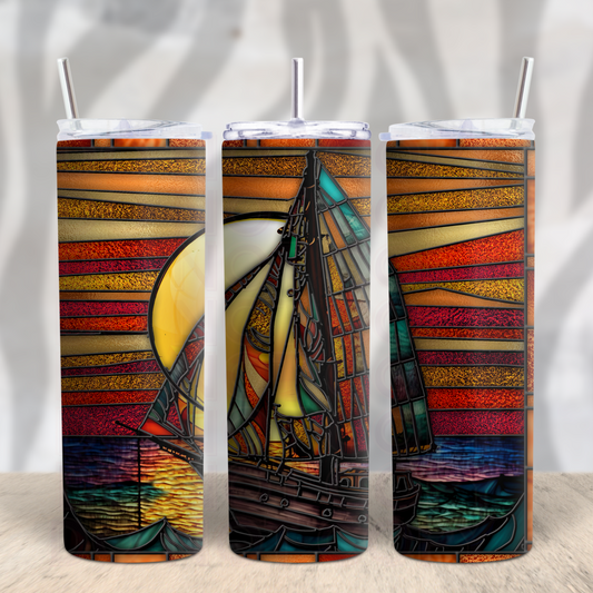 Stained Glass Sailboat 20oz Skinny Tumbler Grape Vine Wholesale