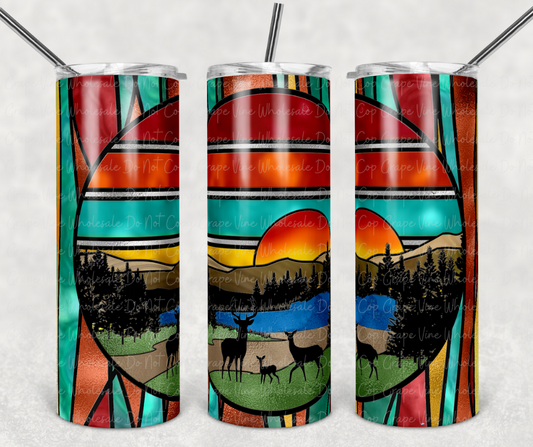 Stained Glass Sunset and Deer Family 20oz Skinny Tumbler Grape Vine Wholesale