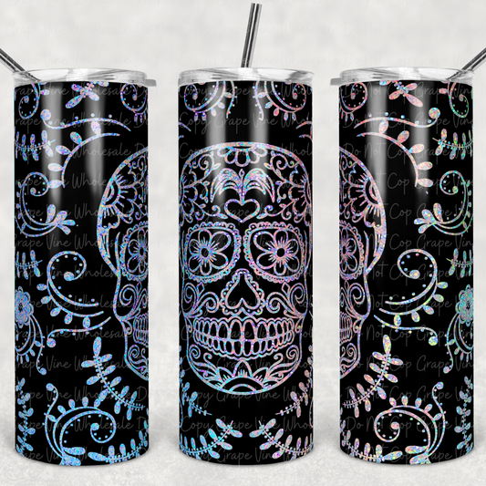 Sugar Skull (white glitter) 20oz Skinny Tumbler Grape Vine Wholesale