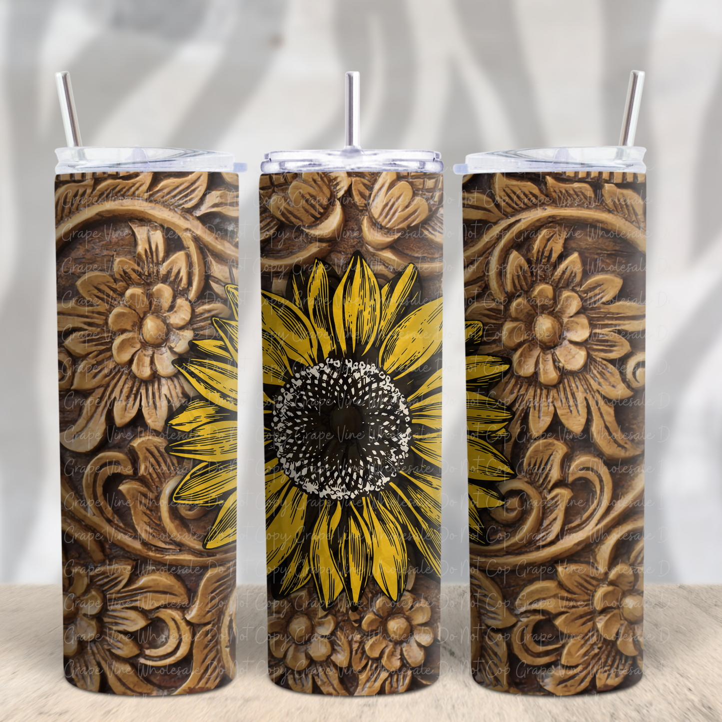 Sunflower on tooled Leather 20oz Skinny Tumbler Grape Vine Wholesale