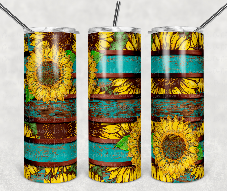 Sunflowers & Teal Woodgrain Striped 20oz Skinny Tumbler Grape Vine Wholesale