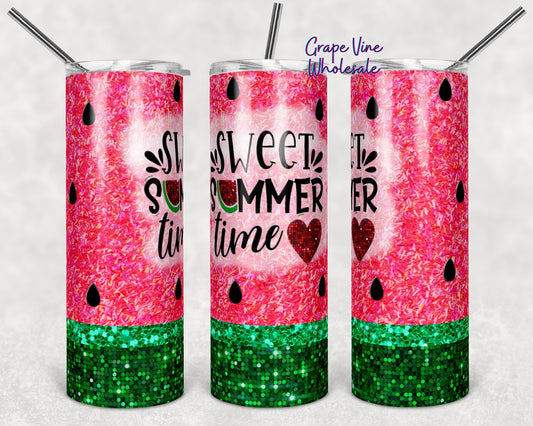 Sweet Summertime Watermelon Glitter Burst 20oz Skinny Tumbler Grape Vine Wholesale