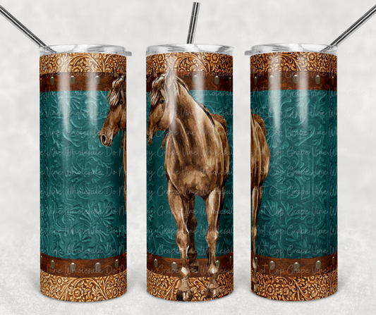 Tan horse on Teal 20oz Skinny Tumbler Grape Vine Wholesale