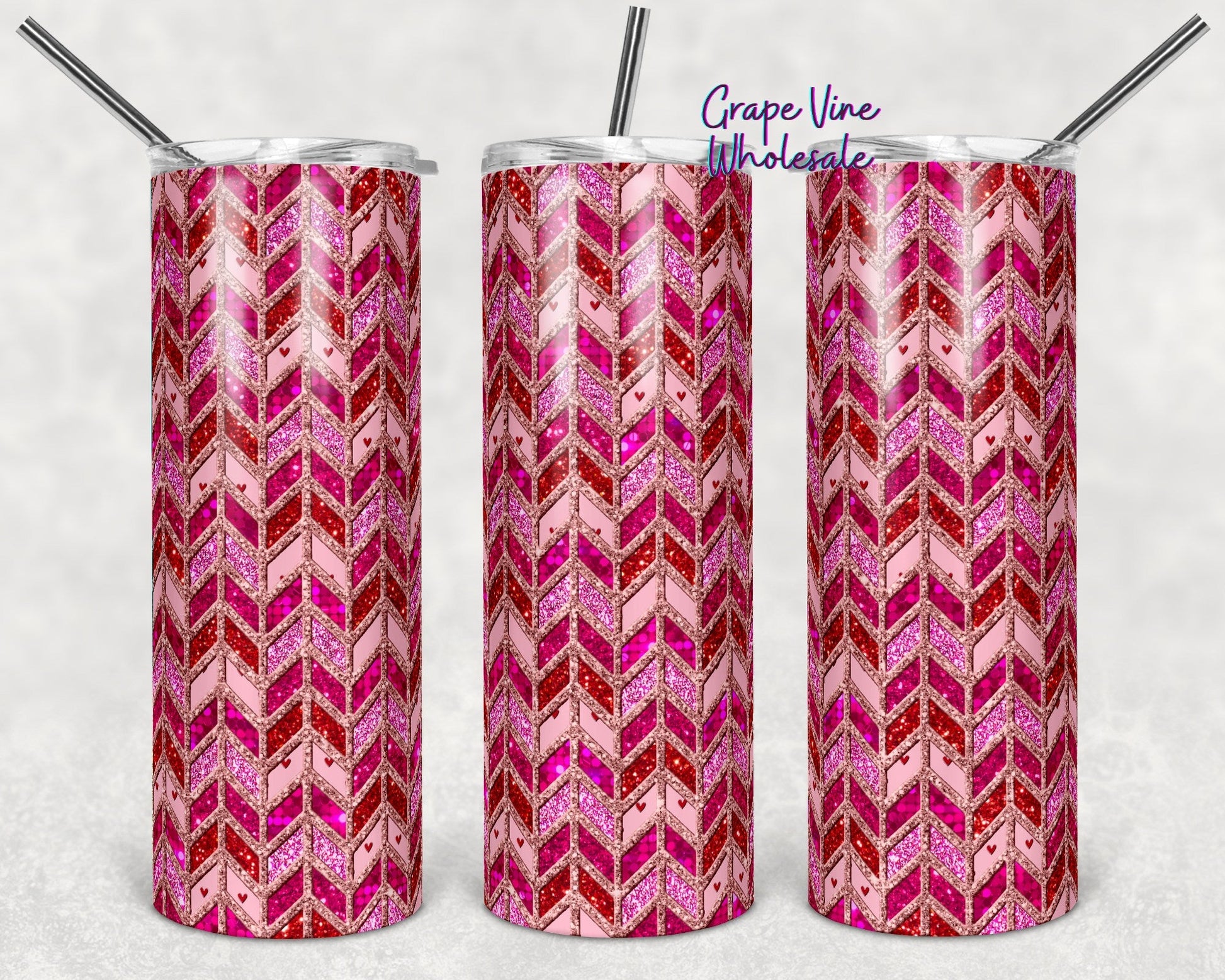 Tangram Herringbone Pink & Red 20oz Skinny Tumbler Grape Vine Wholesale