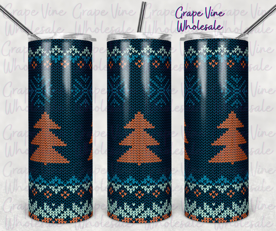 Teal & Orange Knitted Christmas Tree Sweater 20oz Skinny Tumbler Grape Vine Wholesale