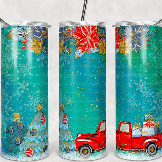 Teal Poinsetta Christmas Scene  20oz Skinny Tumbler Grape Vine Wholesale