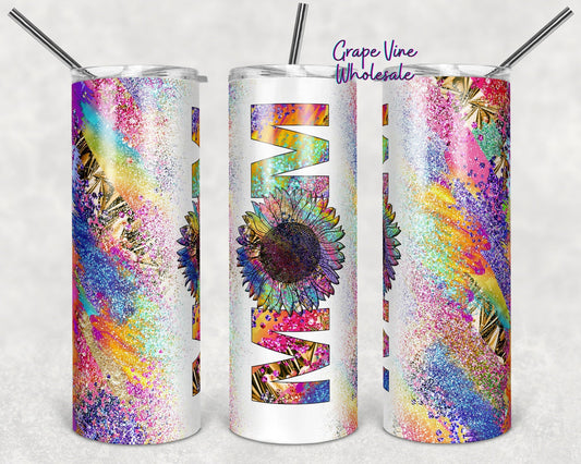 Textured Rainbow & Glitter Burst Sunflower Mom 20oz Skinny Tumbler Grape Vine Wholesale