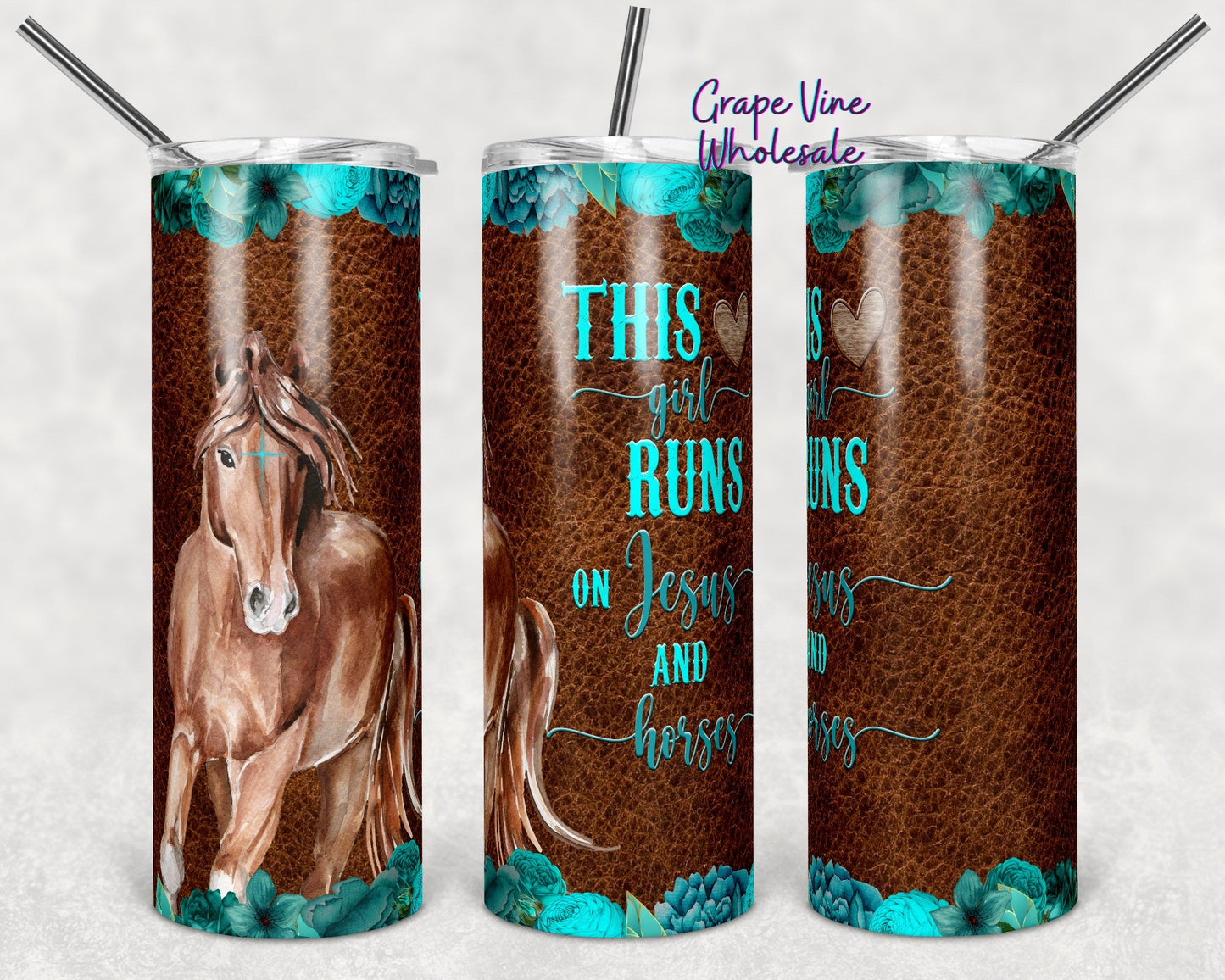 This Girl Runs on Jesus and Horses 20oz Skinny Tumbler Grape Vine Wholesale