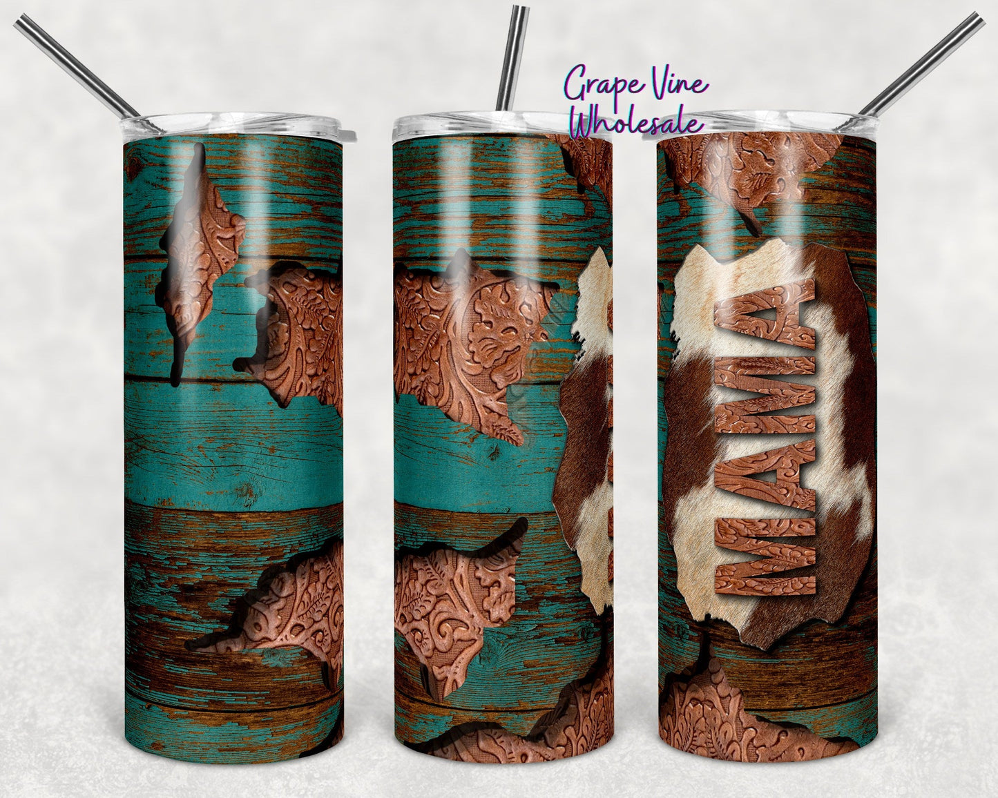 Tooled Leather & Cowhide Mama 20oz Skinny Tumbler Grape Vine Wholesale