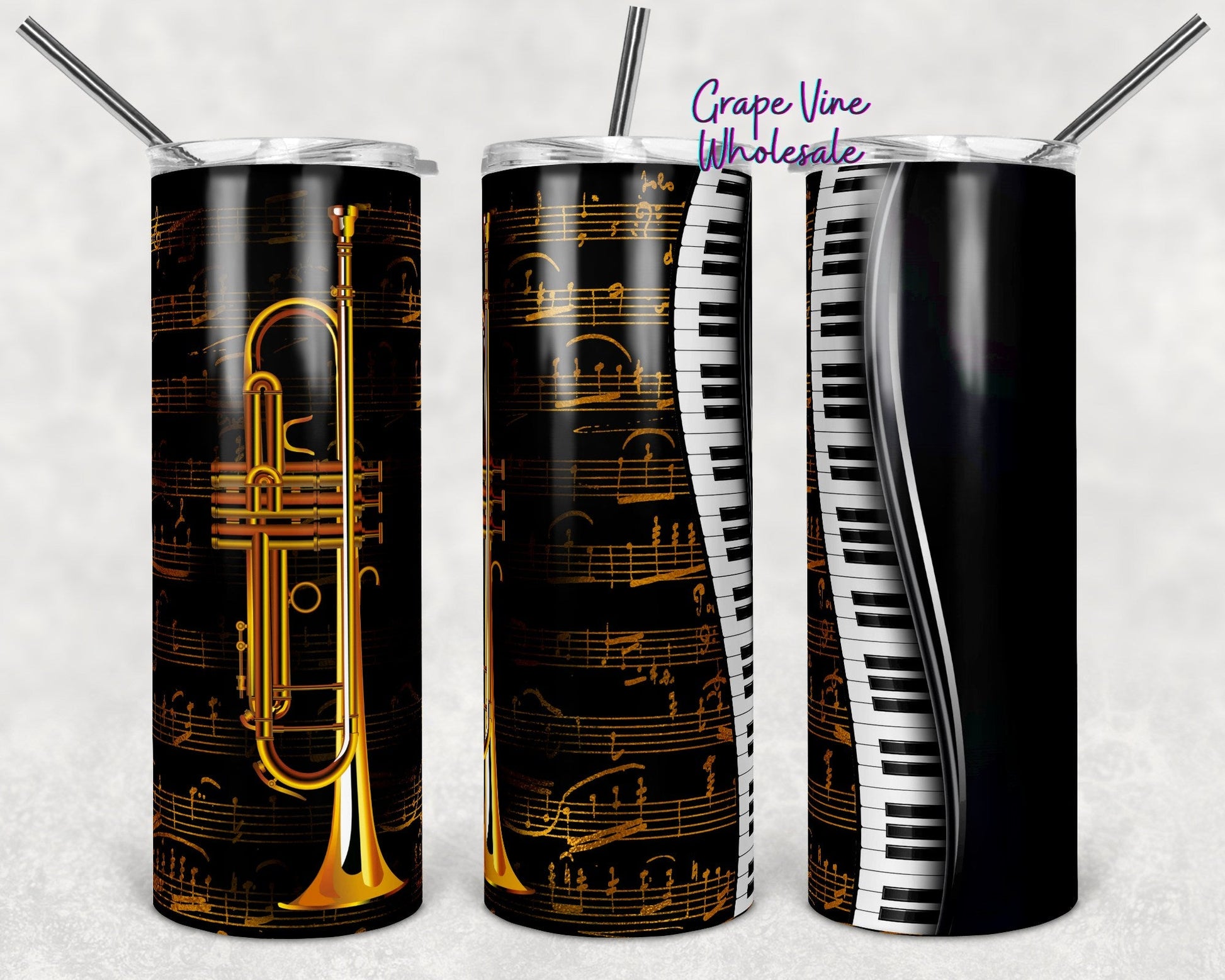 Trumpet Tunes & Piano Mashup Mock 20oz Skinny Tumbler Grape Vine Wholesale