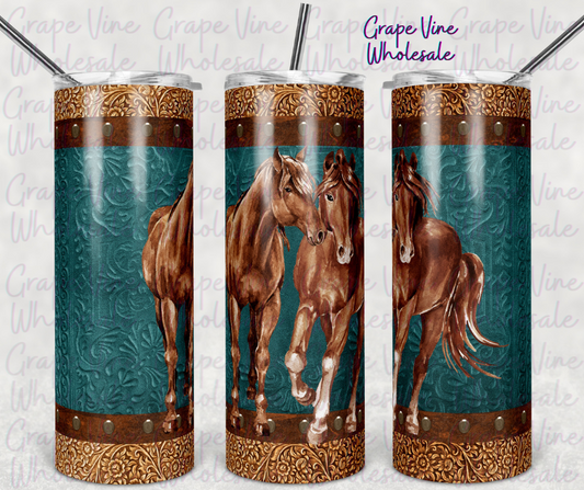 Twin horses on Teal Western 20oz Skinny Tumbler Grape Vine Wholesale