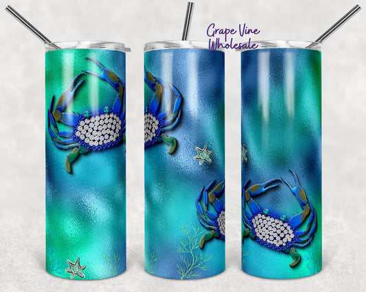 Under The Sea Metallic Crab & Glitter Burst 20oz Skinny Tumbler Grape Vine Wholesale