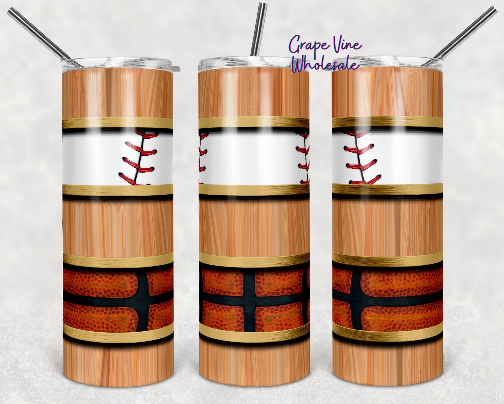 Wanna Be A Baller Woodgrain & Stripe 20oz Skinny Tumbler Grape Vine Wholesale