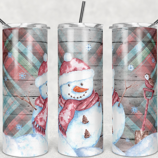 Winter Snowman on woodgrain  20oz Skinny Tumbler Grape Vine Wholesale