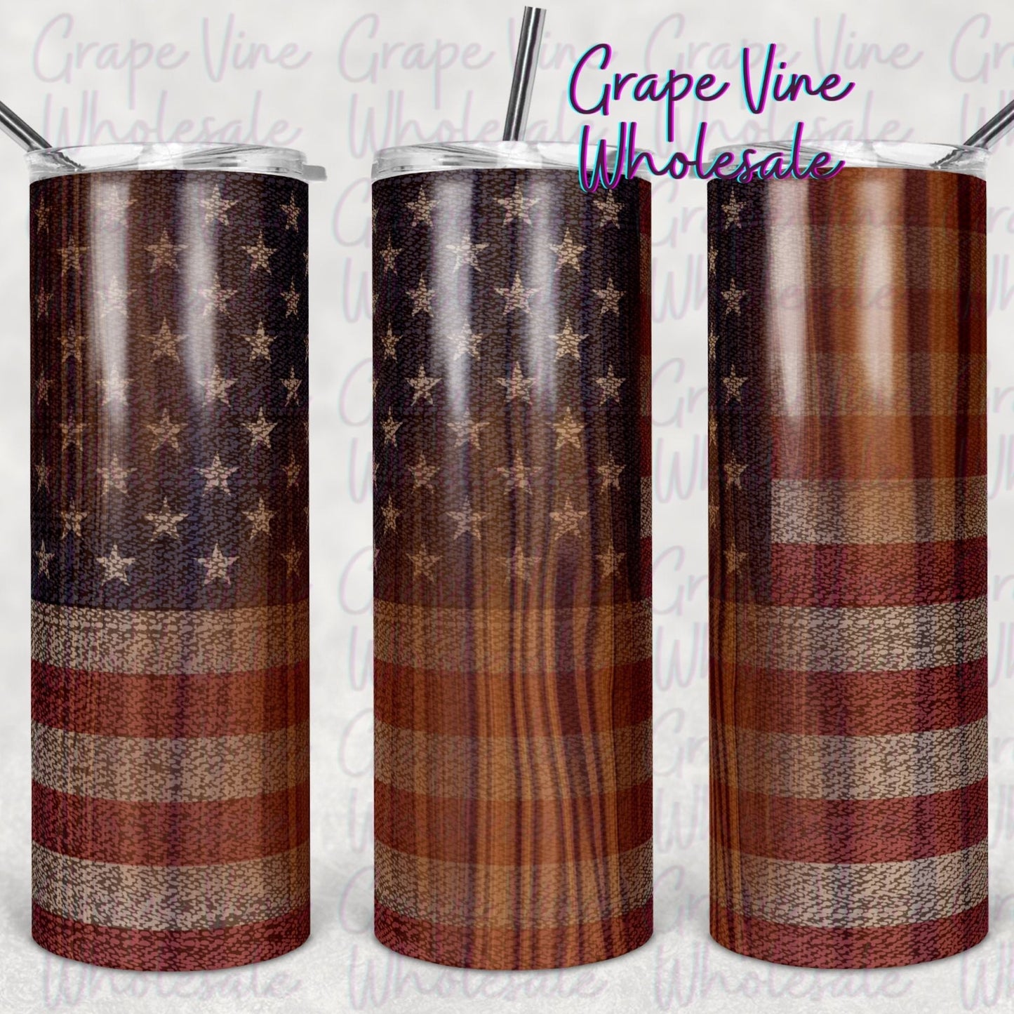 Woodgrain American Flag 20oz Skinny Tumbler Grape Vine Wholesale