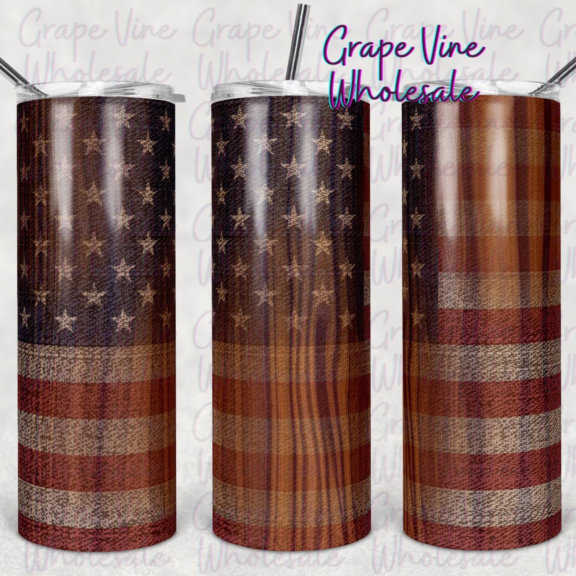 Woodgrain American Flag 20oz Skinny Tumbler Grape Vine Wholesale