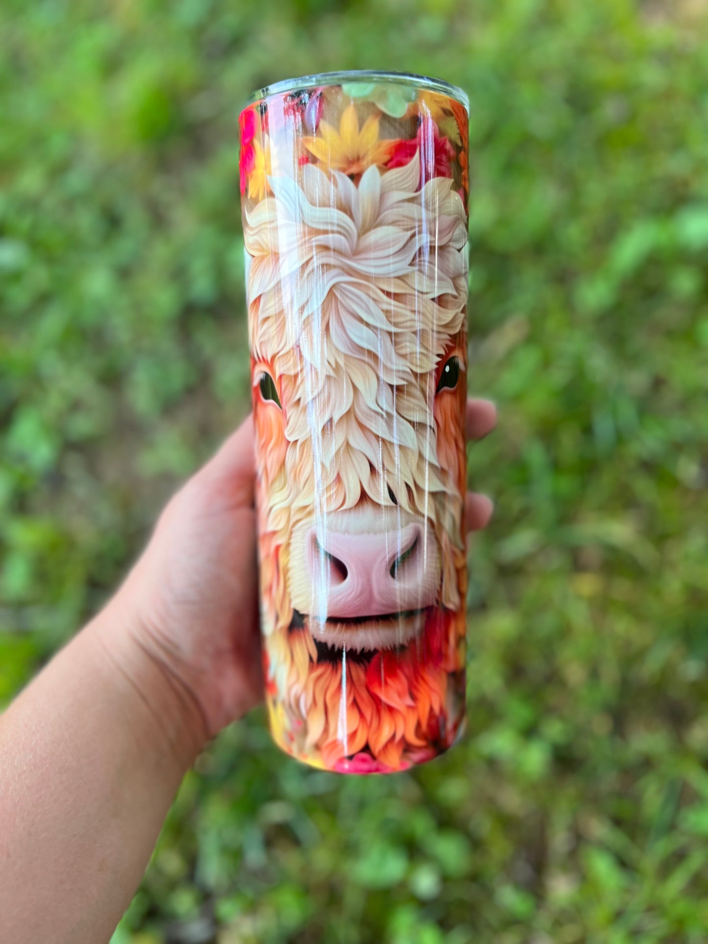 3D highland Cow with Colorful Flowers 20oz Skinny Tumbler