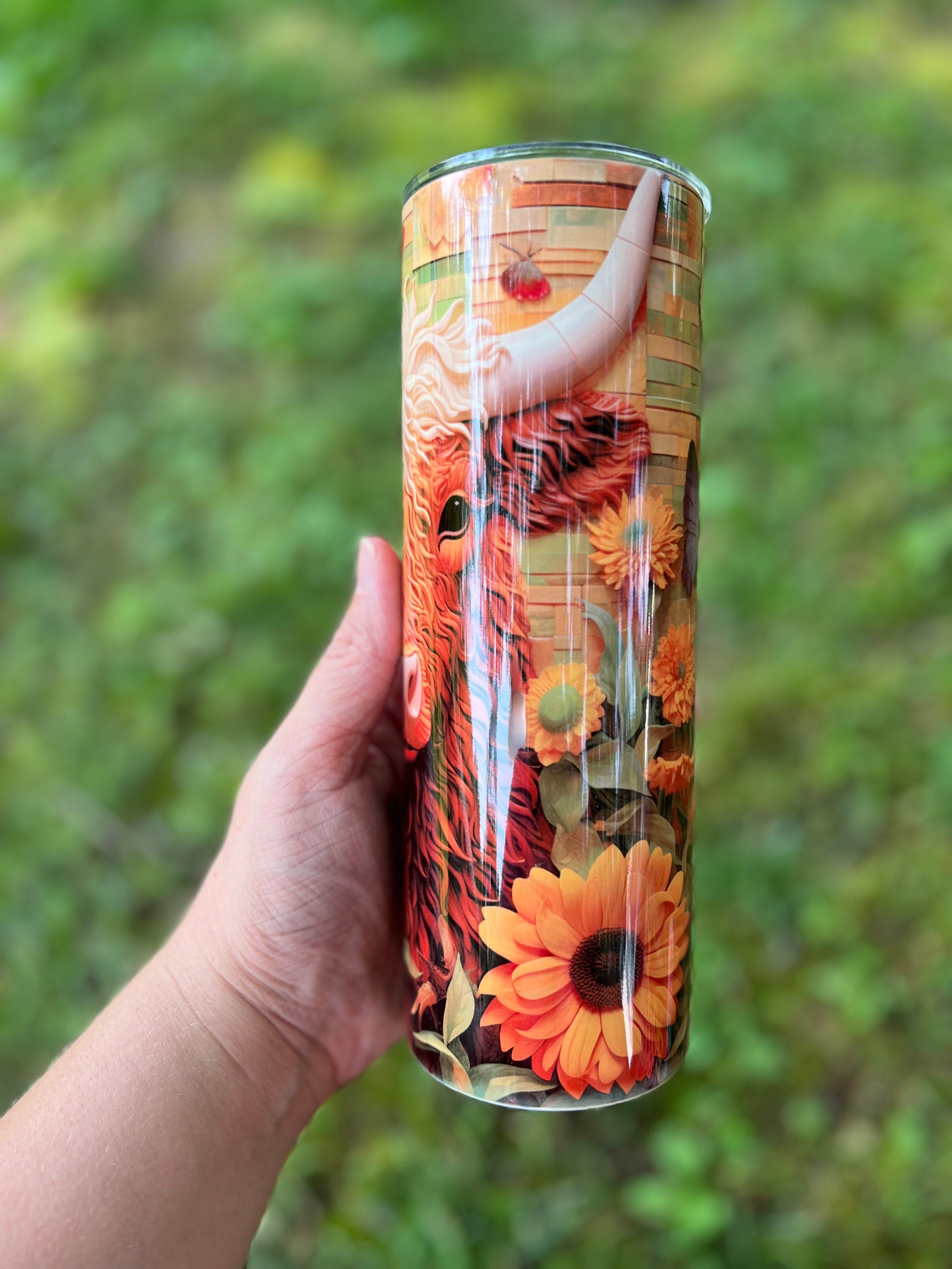 3D Style Sunflowers highland Cow 20oz Skinny Tumbler