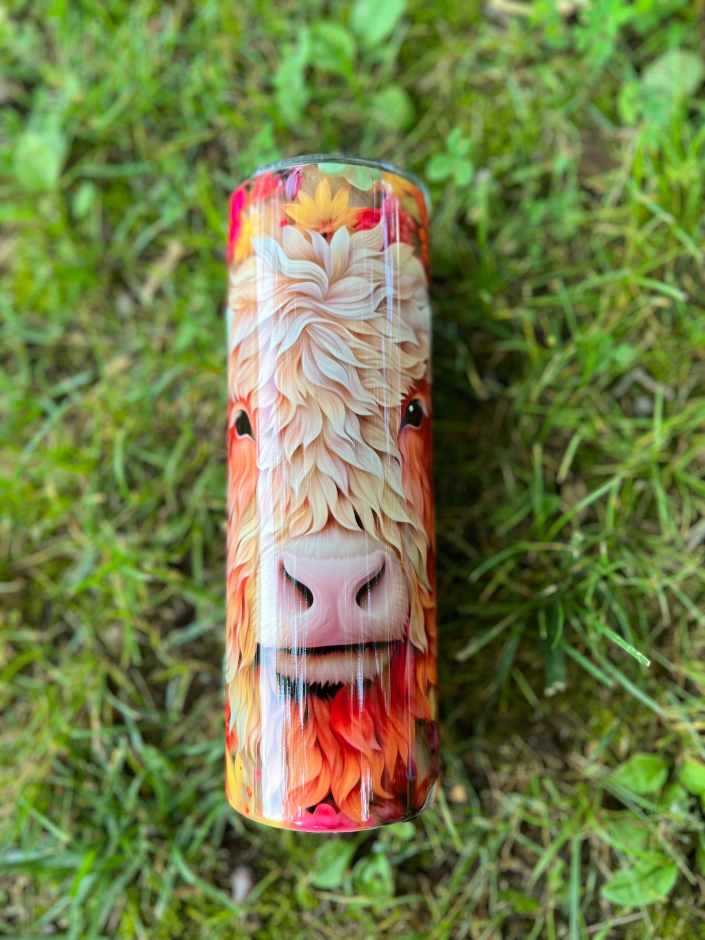 3D highland Cow with Colorful Flowers 20oz Skinny Tumbler