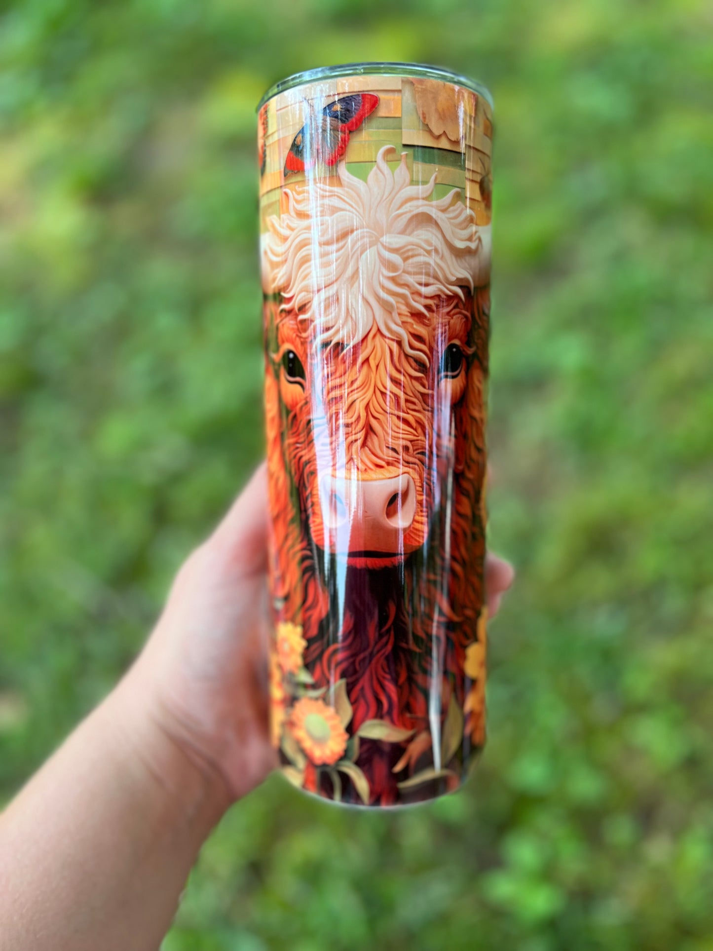 3D Style Sunflowers highland Cow 20oz Skinny Tumbler